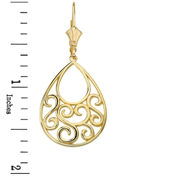 Solid Yellow Gold Filigree Teardrop Tree of Life  Heart Drop Earring Set 1.71" (43 mm)(Available in Yellow/Rose/White Gold)