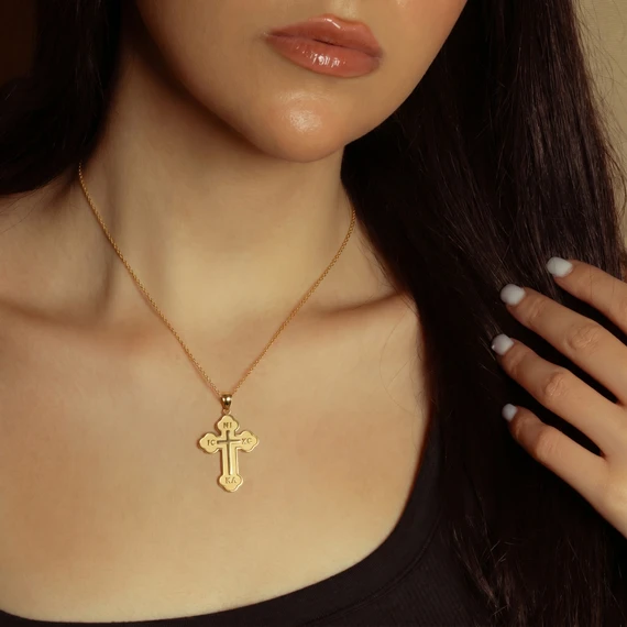 Gold Large Saint Nicholas Greek Orthodox Russian Cross Pendant Necklace(Available in Yellow/Rose/White Gold)