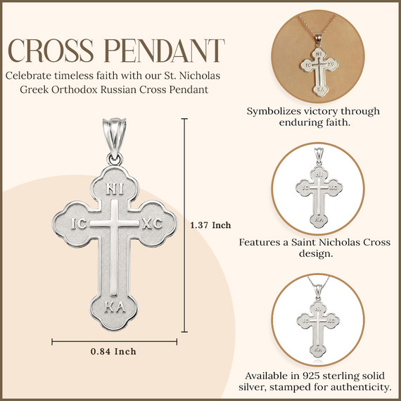 .925 Sterling Silver Large Saint Nicholas Greek Orthodox Russian Cross Pendant Necklace
