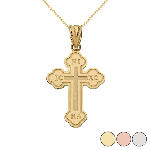Gold Saint Nicholas Greek Orthodox Russian Cross Pendant Necklace (Available in Yellow/Rose/White Gold)
