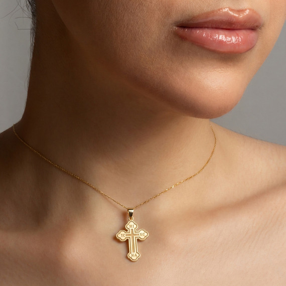 Gold Saint Nicholas Greek Orthodox Russian Cross Pendant Necklace (Available in Yellow/Rose/White Gold)
