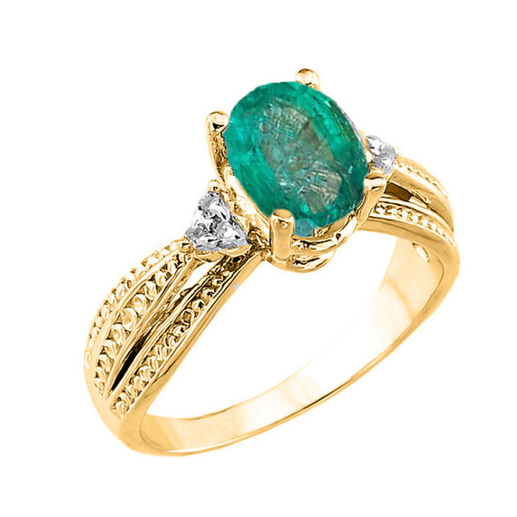 Yellow Gold Genuine Emerald and Diamond Engagement Proposal Ring
