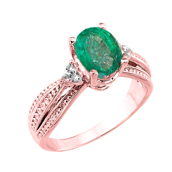 Rose Gold Genuine Emerald and Diamond Engagement Proposal Ring