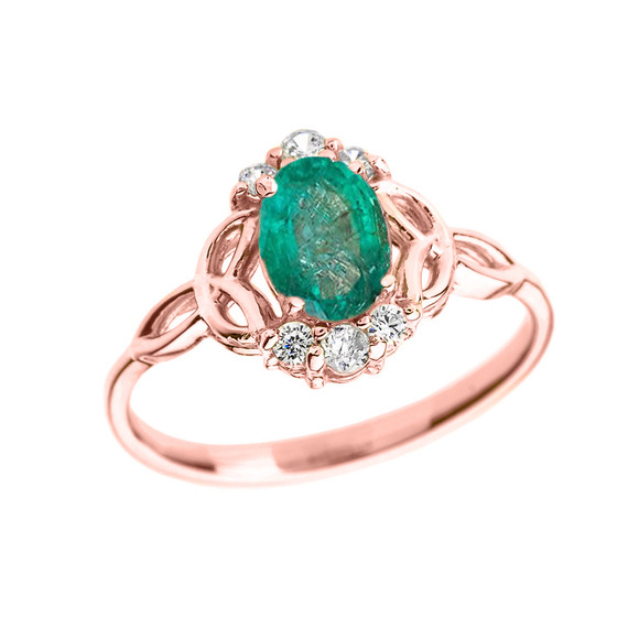 Rose Gold Genuine Emerald and Diamond Trinity Knot Proposal Ring