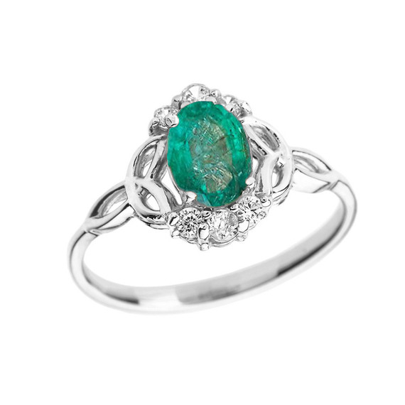 White Gold Genuine Emerald and Diamond Trinity Knot Proposal Ring