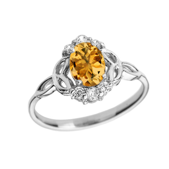 White Gold Genuine Citrine and Diamond Trinity Knot Proposal Ring