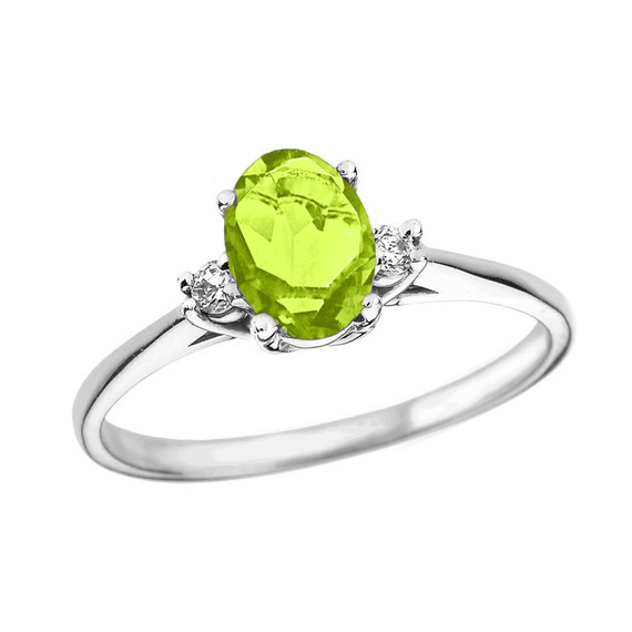 White Gold Oval Genuine Peridot and Diamond Engagement Proposal Ring