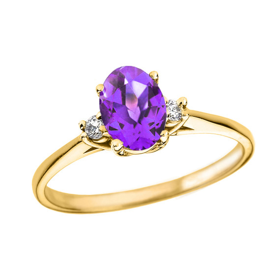 Yellow Gold Oval Genuine Amethyst and Diamond Engagement Proposal Ring