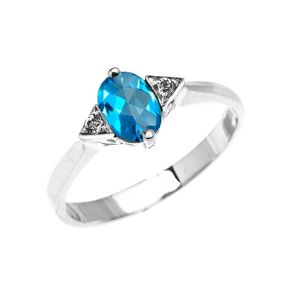 White Gold Solitaire Oval Genuine Blue Topaz and White Topaz Engagement/Promise Ring