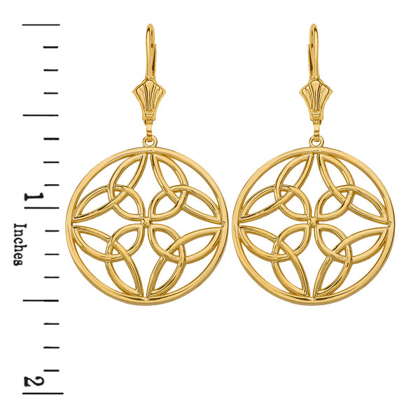 Solid Yellow Gold Triquetra Trinity Celtic Knot Circle Drop Earring Set  (Large)