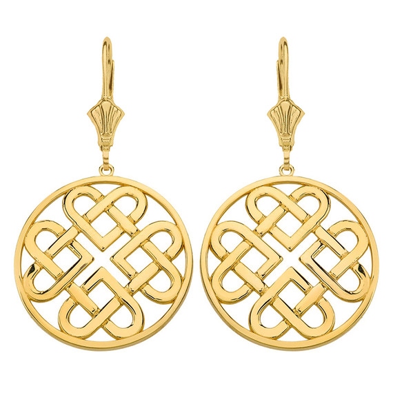 Solid Yellow Gold Woven Celtic Hearts Circle Drop Earring Set  (Large)