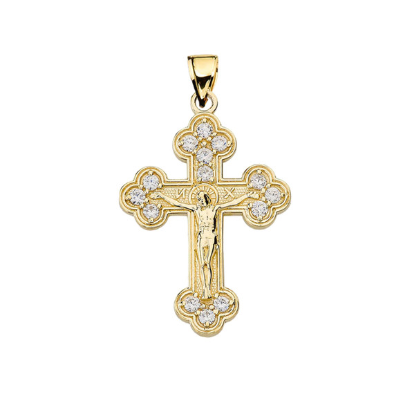 Yellow Gold Eastern Orthodox Diamond Crucifix Pendant Necklace