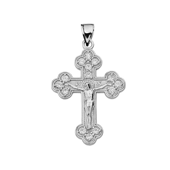 White Gold Eastern Orthodox Diamond Crucifix Pendant Necklace