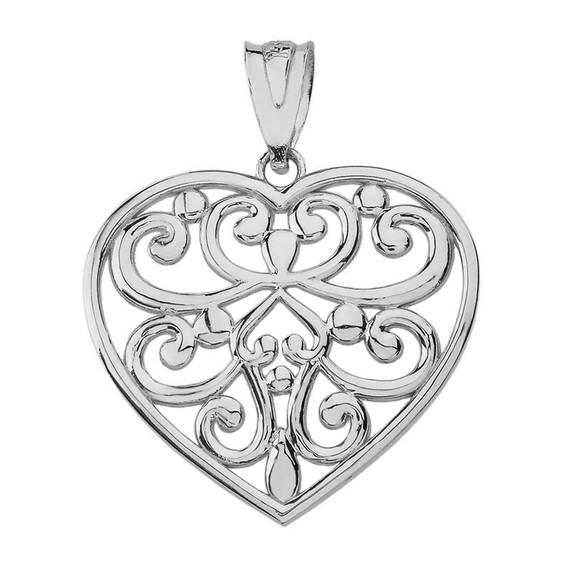 Solid White Gold Filigree Heart Pendant Necklace