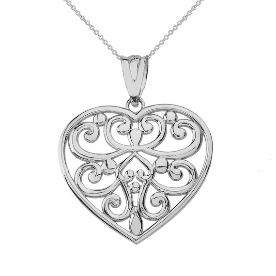 Solid White Gold Filigree Heart Pendant Necklace