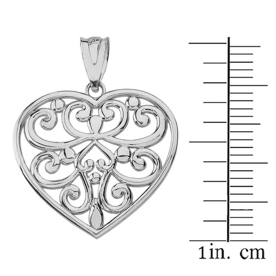 Solid White Gold Filigree Heart Pendant Necklace