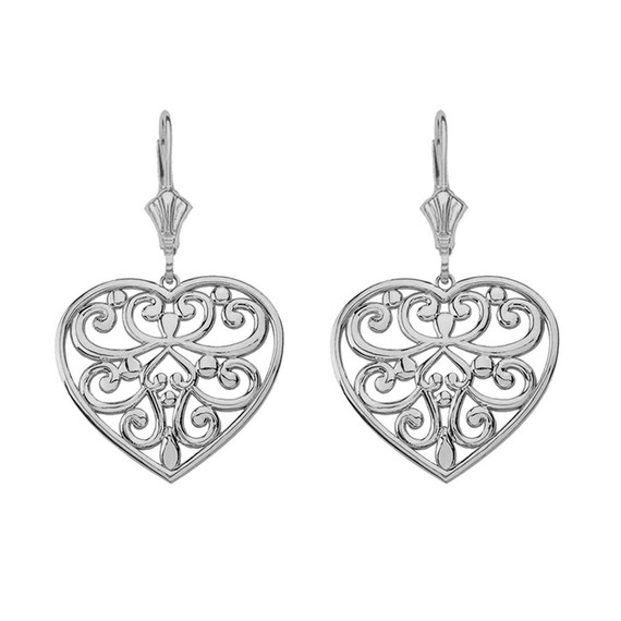 Solid Gold Filigree Heart Drop Earring Set(Available in Yellow/Rose/White Gold)