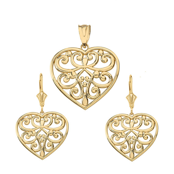 14k Solid Gold Filigree Heart Necklace Earring Set(Available in Yellow/Rose/White Gold)