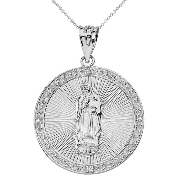 Our Lady of Guadalupe Engravable Circle Medallion Diamond Pendant Necklace (Large) in Solid Gold (Yellow/Rose/White)