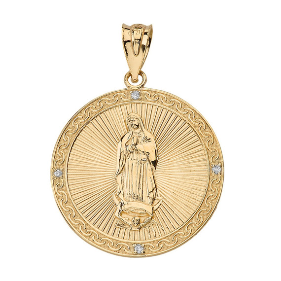 Our Lady of Guadalupe Engravable Circle Medallion Diamond Pendant Necklace (Large) in Solid Gold (Yellow/Rose/White)