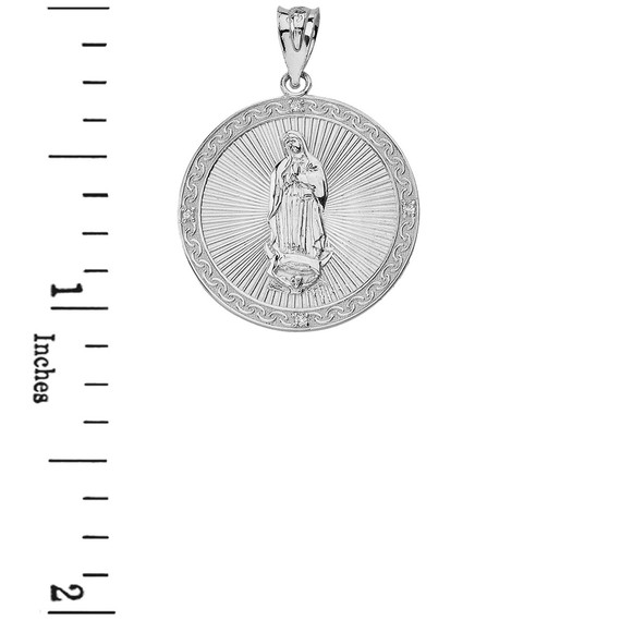 Sterling Silver Our Lady of Guadalupe  Engravable Circle Medallion CZ Pendant Necklace (Large)