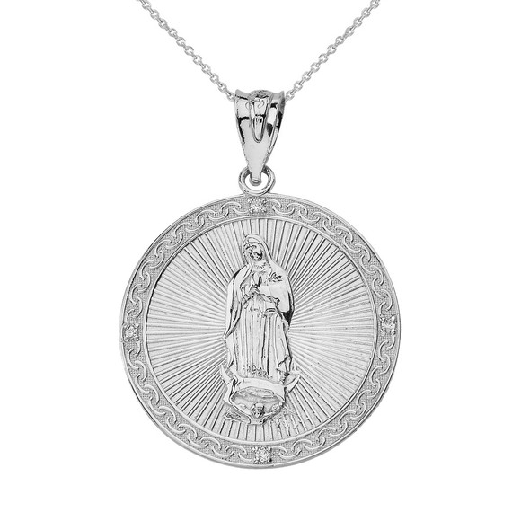 Sterling Silver Our Lady of Guadalupe Engravable Circle Medallion CZ Pendant Necklace (Small)