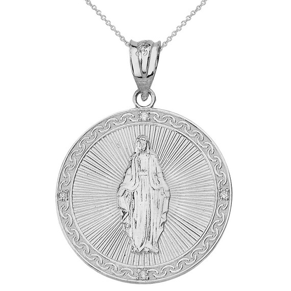 Solid White Gold Mary Mother of Jesus Circle Medallion Diamond Pendant Necklace (Large)