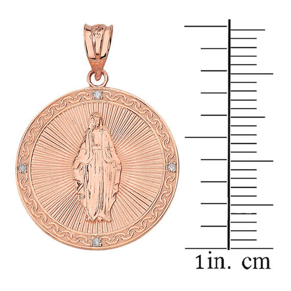 Solid Rose Gold Mary Mother of Jesus Circle Medallion Diamond Pendant Necklace (Small)