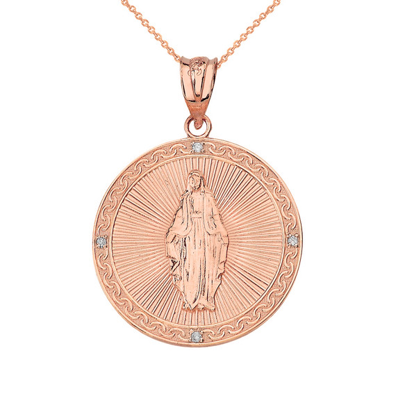 Solid Rose Gold Mary Mother of Jesus Circle Medallion Diamond Pendant Necklace (Small)