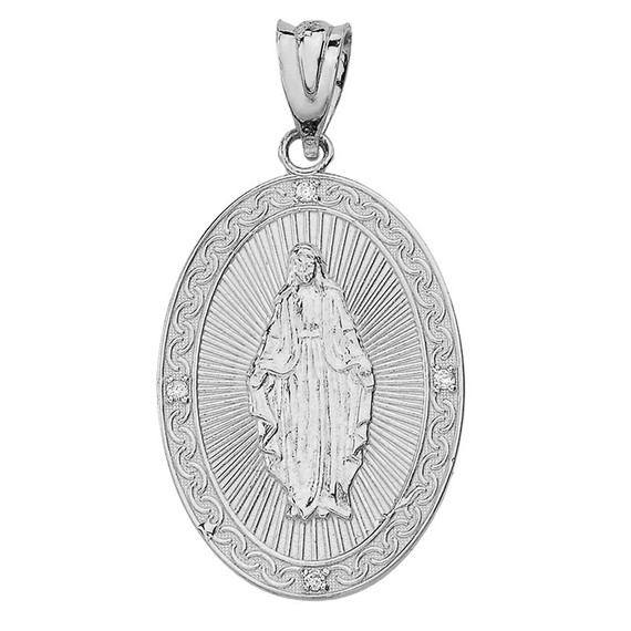 Sterling Silver Mary Mother of Jesus Oval Medallion CZ Pendant Necklace (Large)