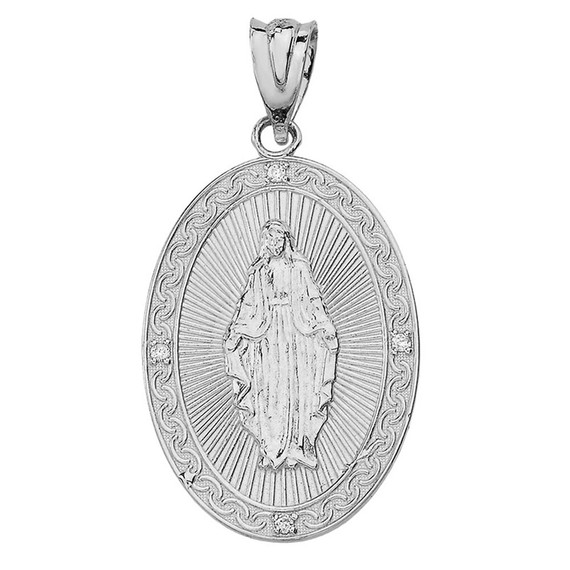 Mary Mother of Jesus Oval Medallion Diamond Pendant Necklace (Small)  in Solid Gold (Yellow/Rose/White)