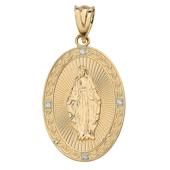 Mary Mother of Jesus Oval Medallion Diamond Pendant Necklace (Small)  in Solid Gold (Yellow/Rose/White)