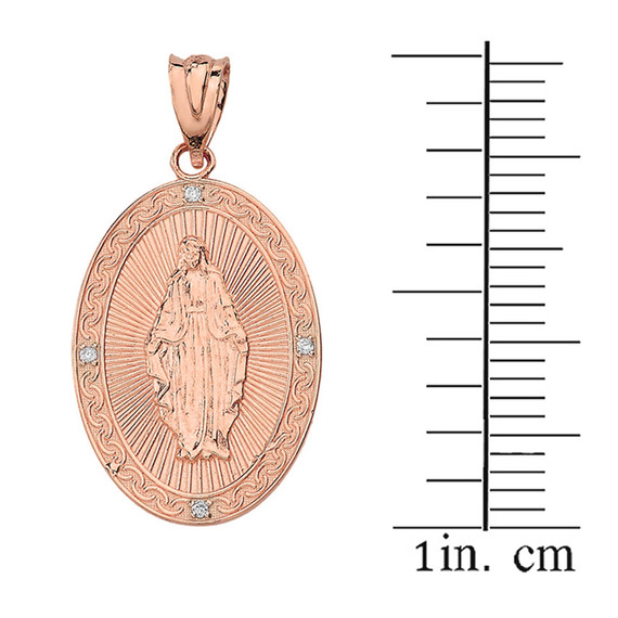 Solid Rose Gold Mary Mother of Jesus Oval Medallion Diamond Pendant Necklace (Small)