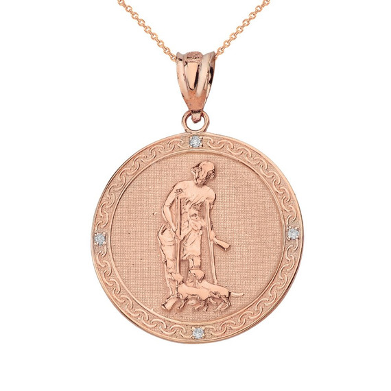 Saint Lazarus Engravable Circle Medallion Diamond Pendant Necklace (Small) in Solid Gold (Yellow/Rose/White)