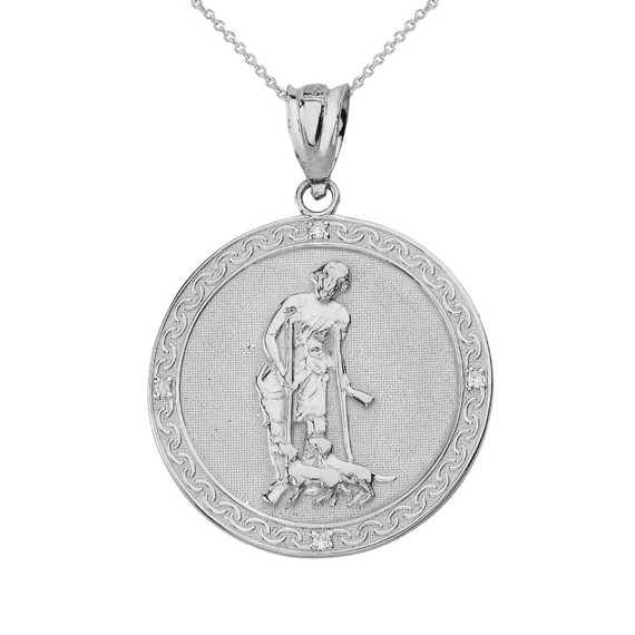 Solid White Gold Saint Lazarus Engravable Circle Medallion Diamond Pendant Necklace (Small)