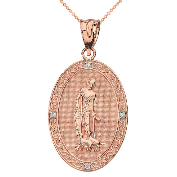Saint Lazarus Engravable Oval Medallion Diamond Pendant Necklace (Large) in Solid Gold (Yellow/Rose/White)