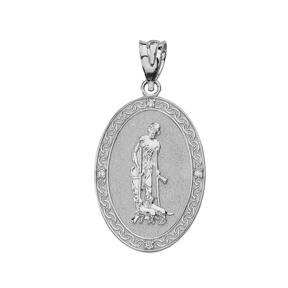 Solid White Gold Saint Lazarus Engravable Oval Medallion Diamond Pendant (Small)