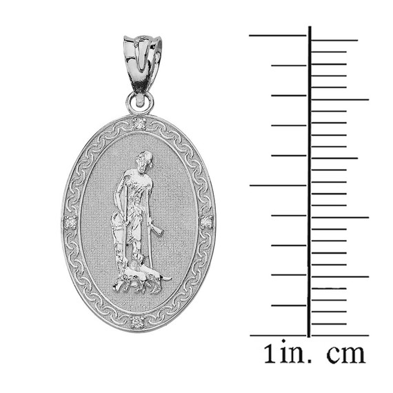 Solid White Gold Saint Lazarus Engravable Oval Medallion Diamond Pendant (Small)