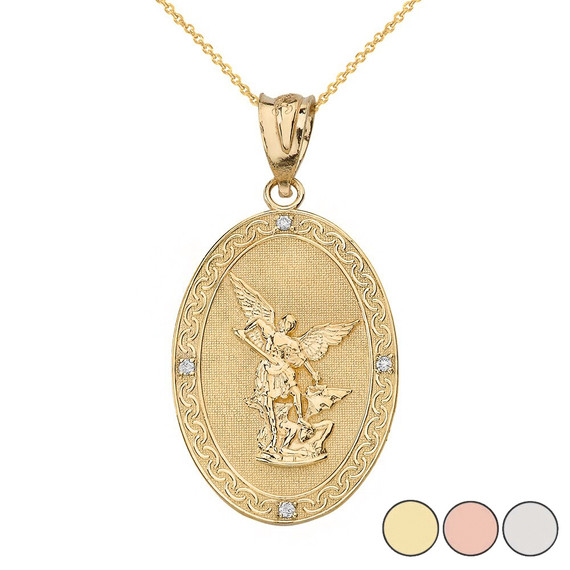 Gold Diamond Archangel Saint Michael Oval Medallion Small Pendant Necklace (Available in Yellow/Rose/White Gold)