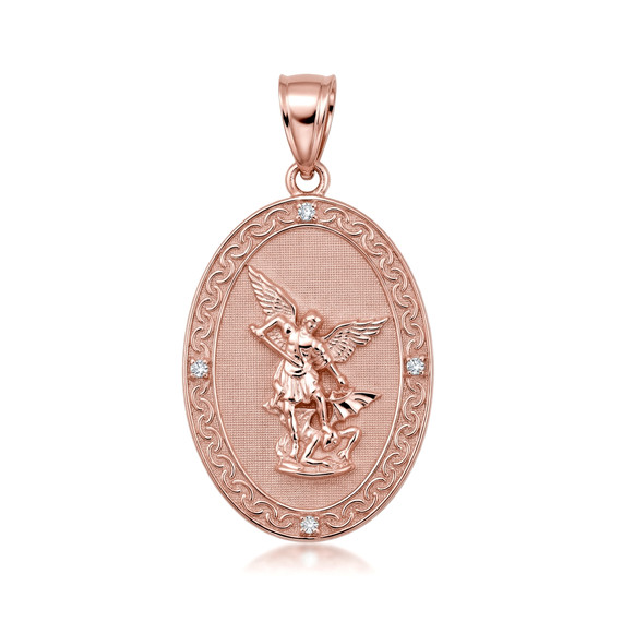 Solid Gold Diamond Archangel Saint Michael Oval Medallion Small Pendant Necklace (Available in Yellow/Rose/White Gold)