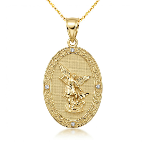 Solid Gold Diamond Archangel Saint Michael Oval Medallion Small Pendant Necklace (Available in Yellow/Rose/White Gold)