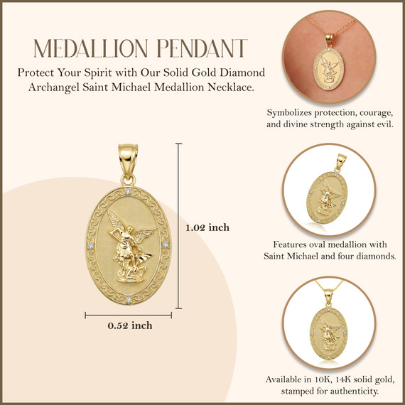 Solid Gold Diamond Archangel Saint Michael Oval Medallion Small Pendant Necklace (Available in Yellow/Rose/White Gold)