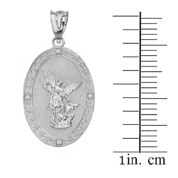 Solid White Gold Diamond Archangel Saint Michael Oval Medallion Small Pendant Necklace
