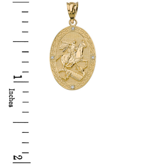 Saint George and the Dragon Oval Engravable Medallion Diamond Prayer Pendant Necklace (Large) in Solid Gold (Yellow/Rose/White)