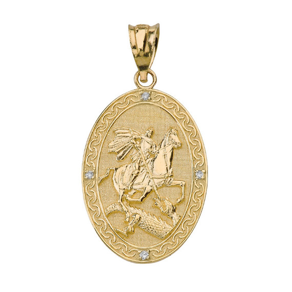 Saint George and the Dragon Oval Engravable Medallion Diamond Prayer Pendant Necklace (Small) in Solid Gold(Available In Yellow/Rose/White Gold)