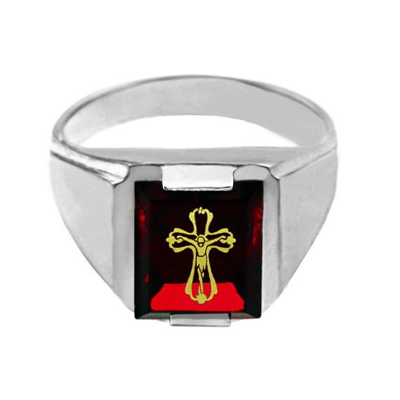 Sterling Silver Red CZ Stone Crucifix Signet Men's Ring