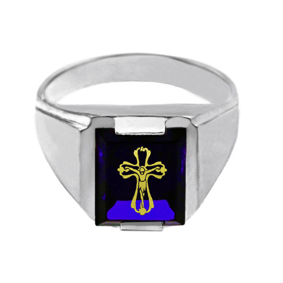 Sterling Silver Blue CZ Stone Crucifix Signet Men's Ring