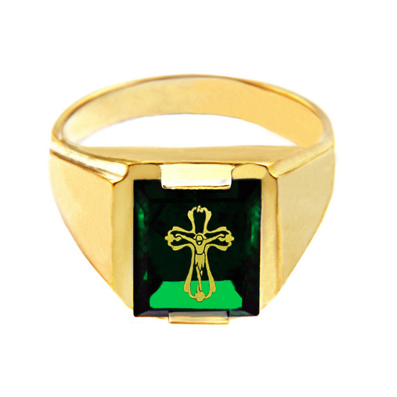 Solid Yellow Gold Green CZ Stone Crucifix Signet Men's Ring
