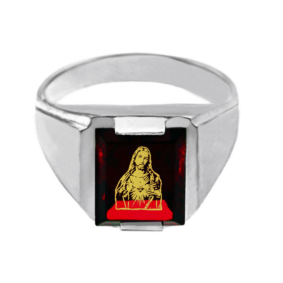Solid White Gold Red CZ Stone Sacred Heart Jesus Signet Men's Ring