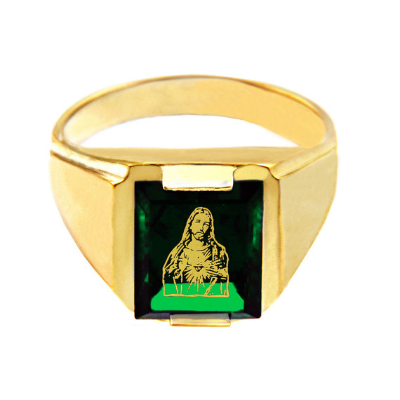 Solid Yellow Gold Green CZ Stone Sacred Heart Jesus Signet Men's Ring